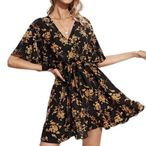 SHEIN Floral Black and Gold Dress L